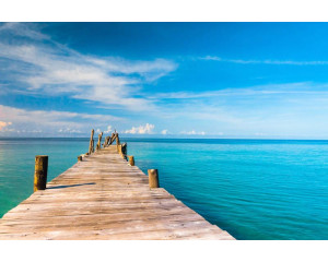 Fototapete einer hölzernen Mole, die ins Meer ragt, mit einer 3D-Landschaft mit einem See und Bergen im Hintergrund.