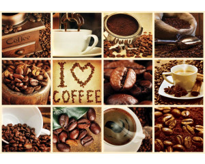 Kaffee-Collage mit weißem Rahmen, Fototapete mit Kaffeebohnen und einem modernen und verspielten Look.