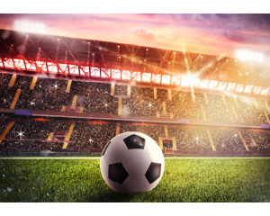 Fototapete eines großen Fußballstadions mit vollen Tribünen und einem weiten Blick auf das Spielfeld, wo ein Spiel in vollem Gange ist.