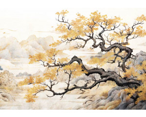 Fototapete eines japanischen Baumes im künstlerischen Naturstil.