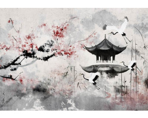 Fototapete mit üppigen weißen Pfingstrosen in voller Blüte, mit weichen Details und einer dezenten Farbpalette, die eine elegante und ruhige Atmosphäre schafft.