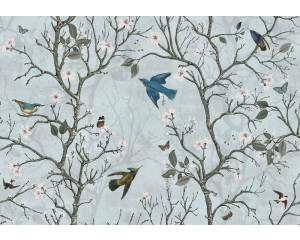 Fototapete mit japanischen Vögeln in einem Blütenwald, mit Kirsch- und Apfelblüten.