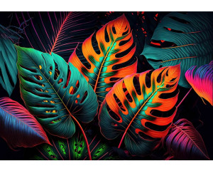 Fototapete mit neonfarbenen Dschungelblättern, darunter Monstera und tropische Pflanzen. Die botanischen Muster in leuchtenden Farben sorgen für einen futuristischen und tropischen Effekt.