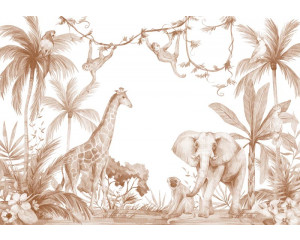 Een fotobehang in terracotta kleuren met allemaal dieren zoals een olifant, aap, giraffe en een papegaai in de jungle.