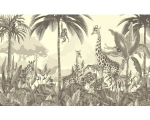 Fototapete von Dschungeltieren auf Safari in Schwarz-Weiß, mit einem tropischen Touch, der die wilde Natur hervorhebt.