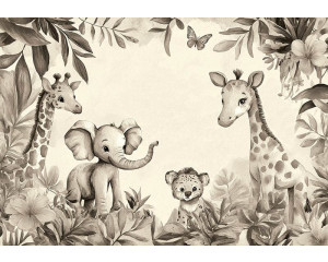 Fototapete mit einem Elefanten, Giraffen und einem Elefantenbaby zwischen tropischen Blättern und Blumen in sanften Taupe- und Sandtönen.