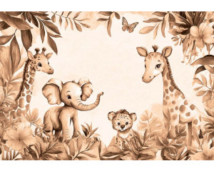 Fototapete mit Dschungeltieren wie einem Elefanten, Giraffen und einem Jungtier zwischen Blättern und Blumen in warmen Terrakotta-Tönen.