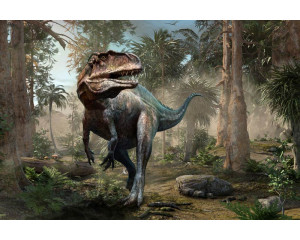 Ein Dino, der sich durch den Dschungel und Regenwald bewegt, umgeben von dichter Vegetation, dargestellt auf dieser Fototapete.