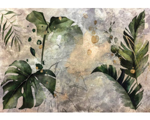 Fototapete mit botanischen Blättern und künstlerischen Dschungelelementen.