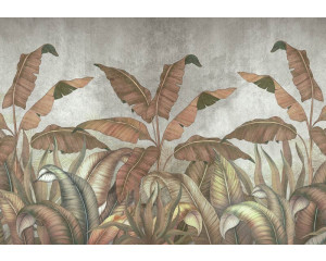 Dschungelpflanzen und Blätter vor einer Betonwand auf dieser Fototapete, die Natur und industrielle Elemente kontrastiert.