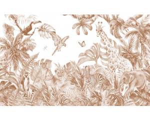 Terrakotta-Tiere in einem Fantasiedschungel auf einer Kindertapete Wandkreis.