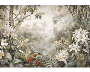 Fototapete einer Dschungel-Wildnis mit Pflanzen und Blättern in einem dichten Dschungel.