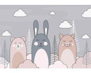 Fototapete mit einer Katze, einem Kaninchen und einem Teddybär, die in einer niedlichen Komposition dargestellt sind.