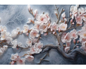 Kirschblütenzweige mit blühenden Sakura-Blüten, wunderschön dargestellt auf dieser Fototapete.