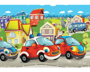 Fototapete von Feuerwehrautos und Fahrzeugen, bunt und cool für Kinderzimmer.