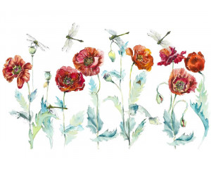 Fototapete eines künstlerischen Gemäldes von Mohnblumen mit einer Libelle, die über den Blumen schwebt.
