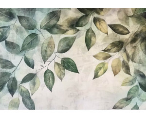 Fotobehang met klassieke botanische bladeren in zachte groentinten op een lichte achtergrond.