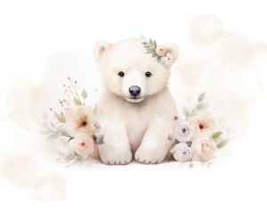 Fototapete von einem kleinen Eisbären mit Blumen, fröhlich und spielerisch für Kinder.