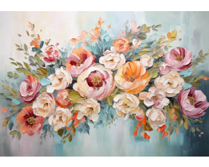 Fototapete mit bunten Blumen in einer künstlerischen Komposition, perfekt für eine lebendige Atmosphäre.