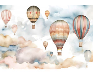 Auf dieser Fototapete schweben bunte Heißluftballons in einem fröhlichen Himmel, der besonders für Kinderzimmer geeignet ist.