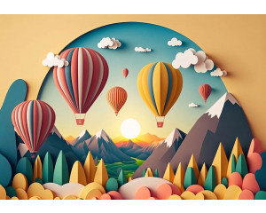 Fototapete mit bunter Papierkunst und Heißluftballons in einer fröhlichen Landschaft.