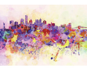 Abstrakte Fototapete mit einer farbenfrohen Stadt, die wie ein Kunstwerk gemalt ist.