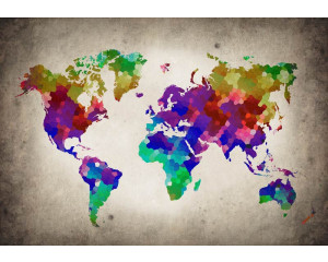 Weltkarte Fototapete mit abstrakter Darstellung von Ländern und Städten in leuchtenden Farben.