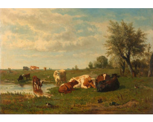 Fototapete mit einer malerischen Landschaft mit grasenden Kühen auf einer Wiese, inspiriert von Gerard Bilders Gemälde aus den Jahren 1860-1865.