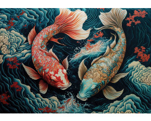 Koi-Karpfenfische schwimmen durch das Wasser, dargestellt in einem detaillierten Kunstgemälde auf Fototapete.