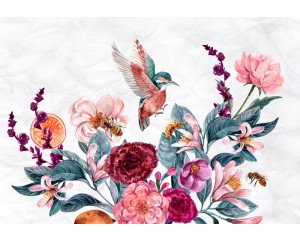 Fototapete eines Kolibris, der über Blumen schwebt, zusammen mit Bienen, die zwischen den Blüten fliegen.