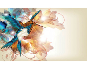 Fototapete mit einem farbenfrohen Kolibri in einer künstlerischen und natürlichen Komposition.