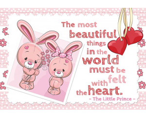 Fototapete von Hasen mit Herzen und Sprüchen für Babyzimmer.