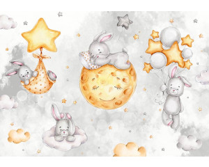 In den Wolken schwebende Häschen unter Sternen und einem Mond, dargestellt auf einer fantasievollen Fototapete für Kinder.