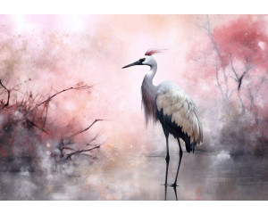 Fototapete eines eleganten Kranichs, der an einem See mit zarten Blumen steht, in einem künstlerischen Stil.