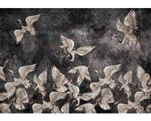 Schwarz-weiße abstrakte Kunst von Kranichen auf einer luxuriösen Fototapete, ideal für ein modernes und stilvolles Interieur.