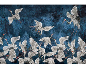 Abstrakte Kunst von Kranichen detailliert auf Luxus-Fototapete mit bunten Akzenten.