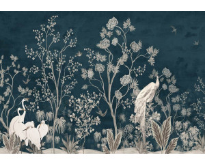 Fototapete mit Kranichen in der Nähe von Bäumen, die in einer künstlerischen Komposition dargestellt sind.