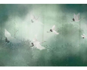 Fototapete Kraniche im Nebelwald