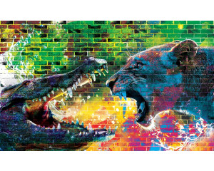 Fototapete von einem Krokodil und Löwin mit Graffiti-Zeichnung, cool und urban.