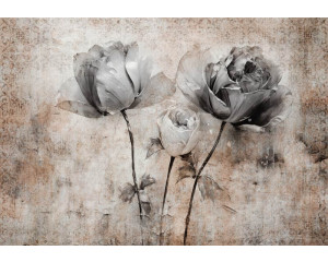 Kunstvolle Fototapete mit Rosen vor einem Betonhintergrund, mit einem eleganten Blumenmuster.