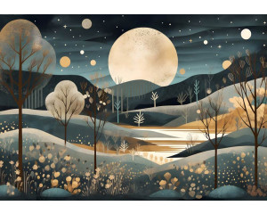 Eine kunstvolle Nachtlandschaft mit Vollmond und Sternen beleuchtet diese stimmungsvolle Fototapete.