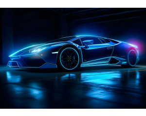 Neon Lamborghini Huracan Auto in einer futuristischen Rennumgebung, auf diesem kühlen Fototapete abgebildet.
