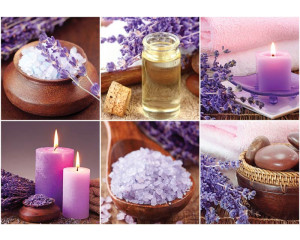 Fototapete mit einer Lavendel-Collage mit Blumen, Kerzen und Badutensilien im Spa-Stil.