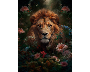 Fototapete eines Löwen inmitten von Blumen, mit einem natürlichen und kraftvollen Look.