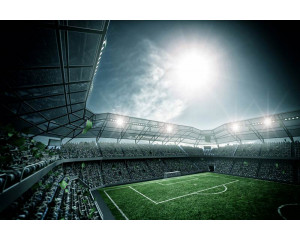 Fototapete eines lebhaften Fußballstadions voller jubelnder Fans, in dem ein Fußballspiel in vollem Gange ist.