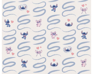 Fotobehang Stitch en Angel spelend op een zachte achtergrond vol liefdevolle details.