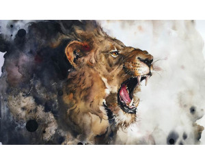 Eine künstlerische Darstellung eines Löwen auf einer malerischen Fototapete, mit lebendigen Farben und Details.