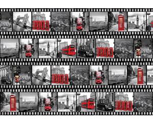 Fototapete mit einem Filmstreifen von London, mit Big Ben, Tower Bridge und roten Doppeldeckerbussen.