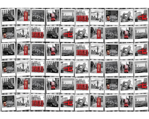 Fototapete mit einer Fotocollage aus London, mit Bildern von Big Ben, Tower Bridge und roten Doppeldeckerbussen.