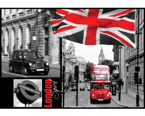 Londoner Stadtbild mit Flagge, Bus und Telefonzelle, perfekt gerendert in diesem ikonischen Fototapete der britischen Hauptstadt.
